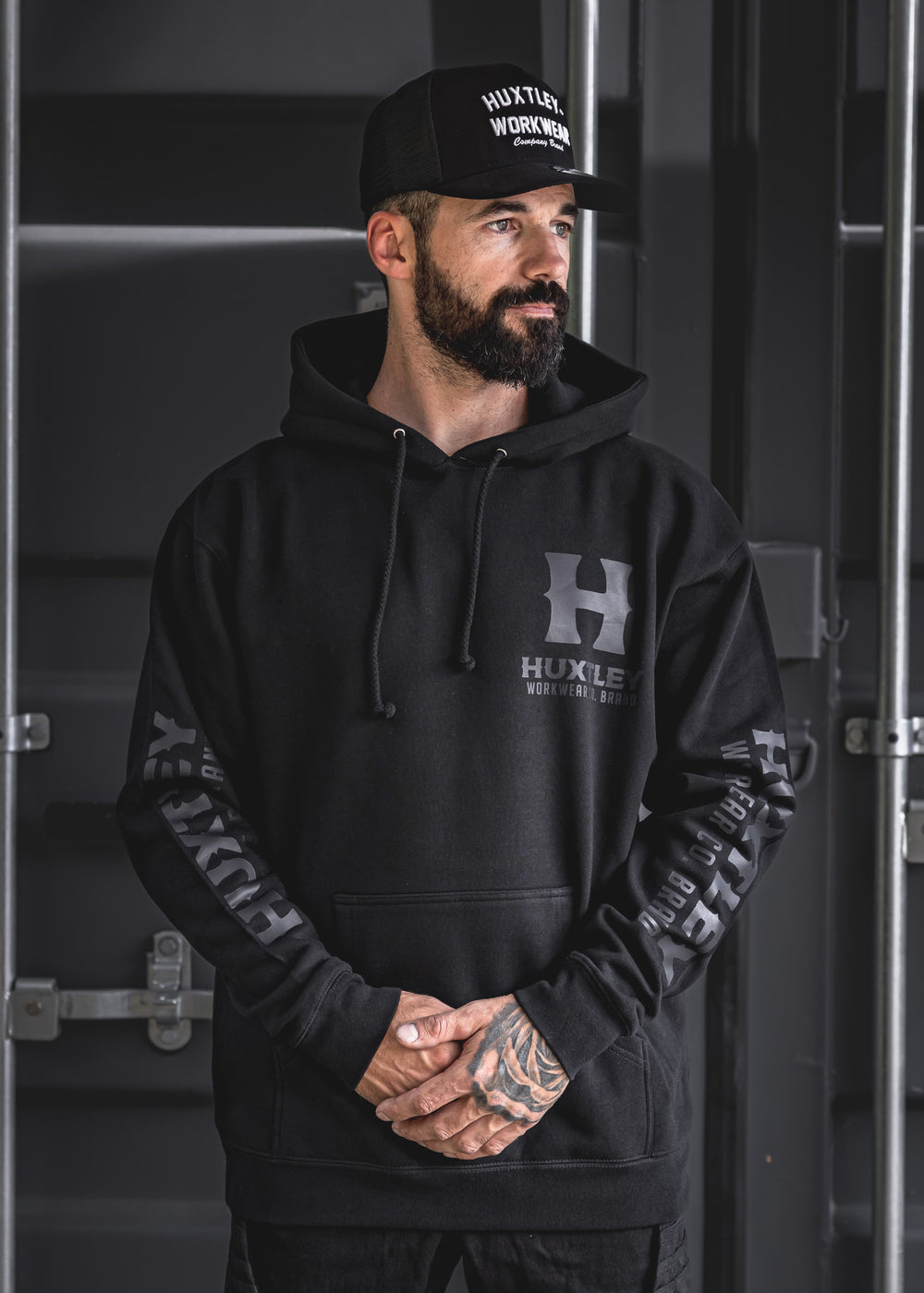Front view of the Full Print Hoodie with a stealthy tonal black-on-black 