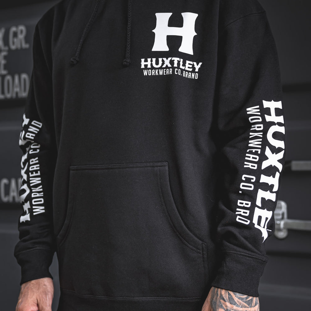 
                  
                    Crew-approved and jobsite-ready. The Full Print Hoodie with bold white Huxtley logos on the chest, back, and both sleeves. Built for hard work, styled for off-duty.
                  
                