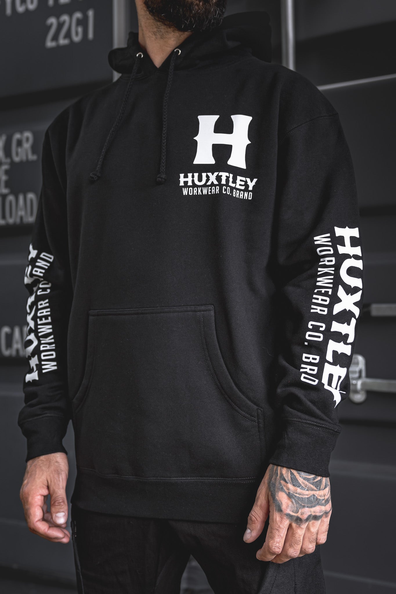 
                  
                    Crew-approved and jobsite-ready. The Full Print Hoodie with bold white Huxtley logos on the chest, back, and both sleeves. Built for hard work, styled for off-duty.
                  
                