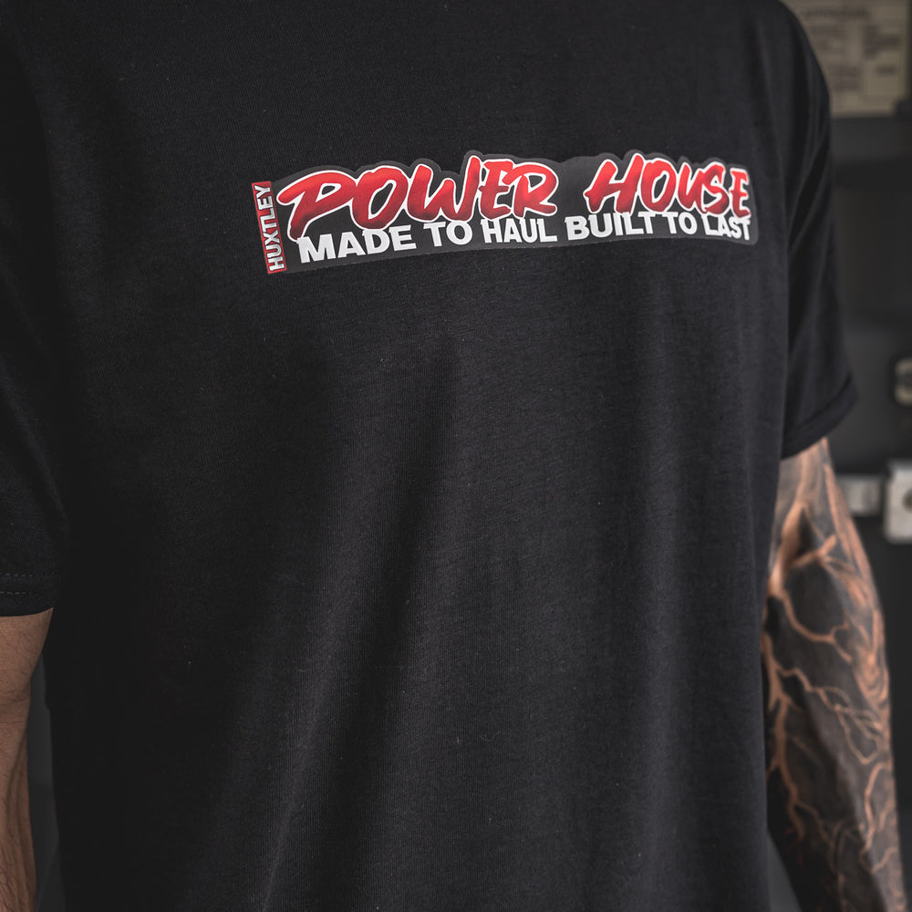 
                  
                    Black work tee with bold “POWER HOUSE – Made to Haul, Built to Last” chest print. Durable cotton build, jobsite-ready comfort, and classic Huxtley grit in every stitch.
                  
                