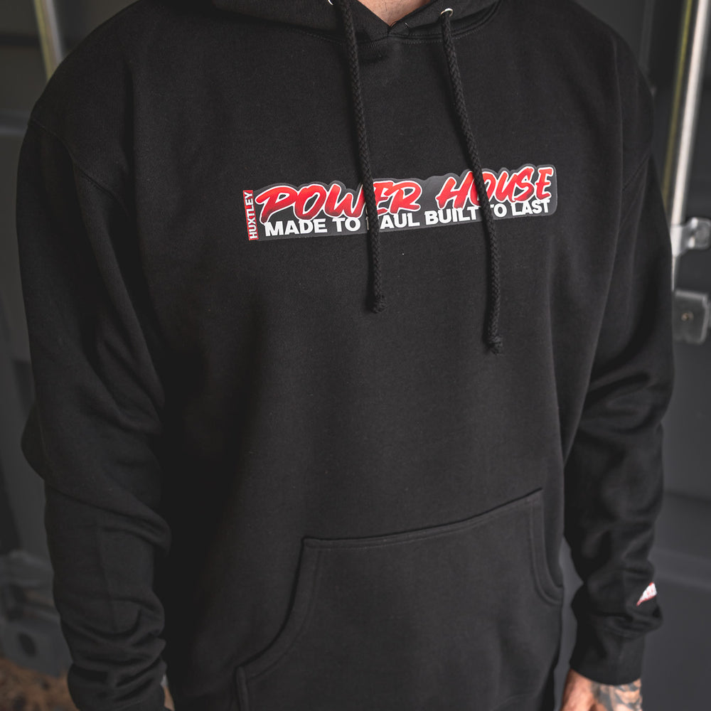 
                  
                    Heavyweight black hoodie with “POWER HOUSE – Made to Haul, Built to Last” front graphic and Huxtley branding. Tough, comfortable, and ready for daily grind.
                  
                