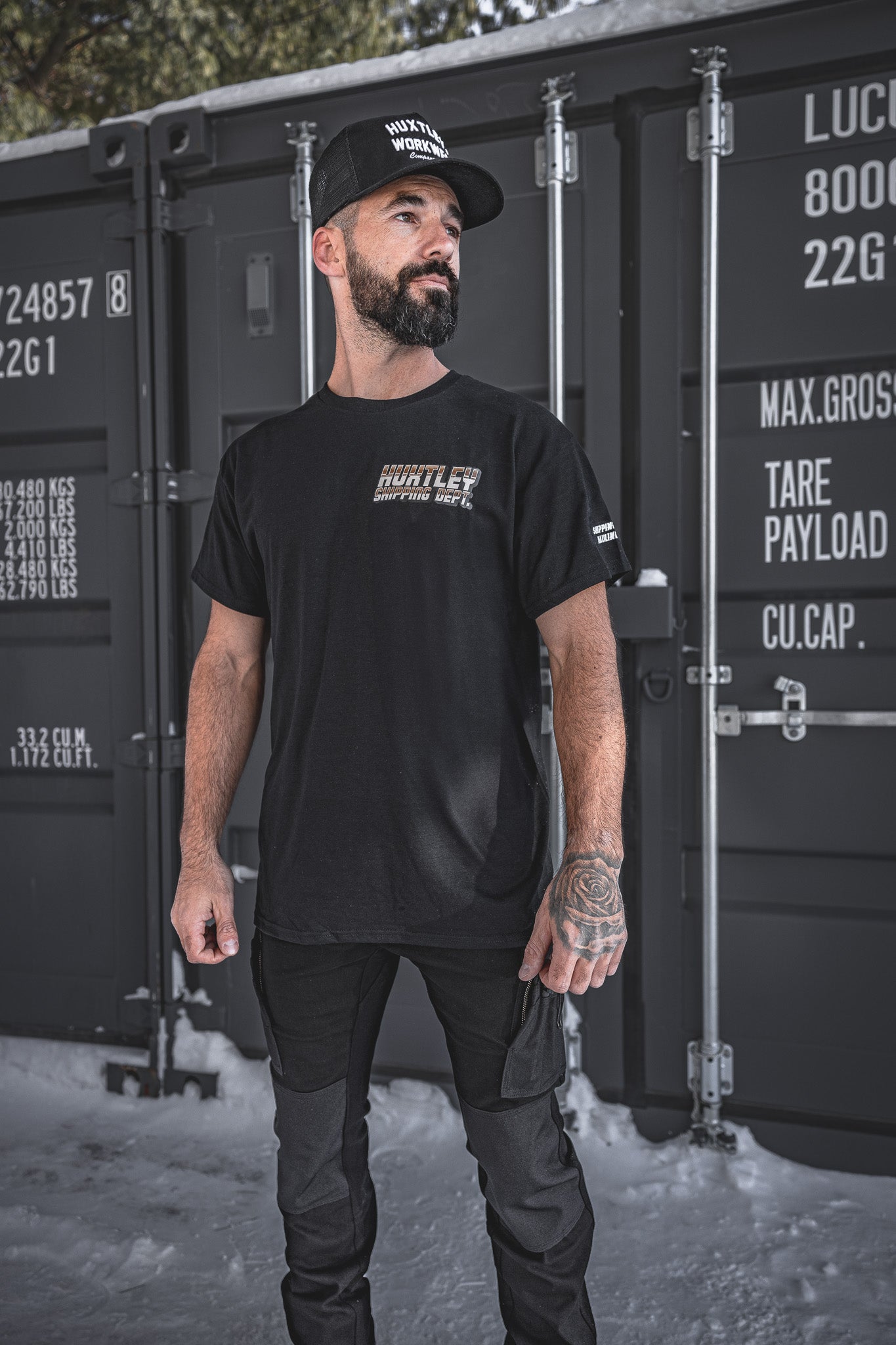 
                  
                    Full-body look featuring the Huxtley Shipping Dept. short sleeve tee paired with FX-1 Slim Pork Pants in Blackout. Built for hard jobs—clean, tough, and ready to rip.
                  
                