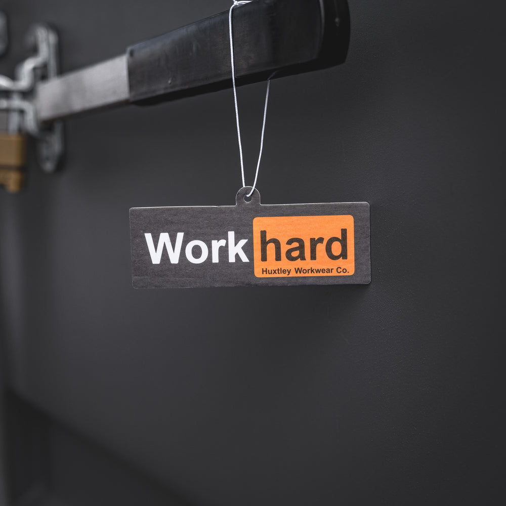 Freshen up your truck or workshop with the Huxtley “Work Hard” air freshener. A bold scent for blue-collar crews who never clock out.